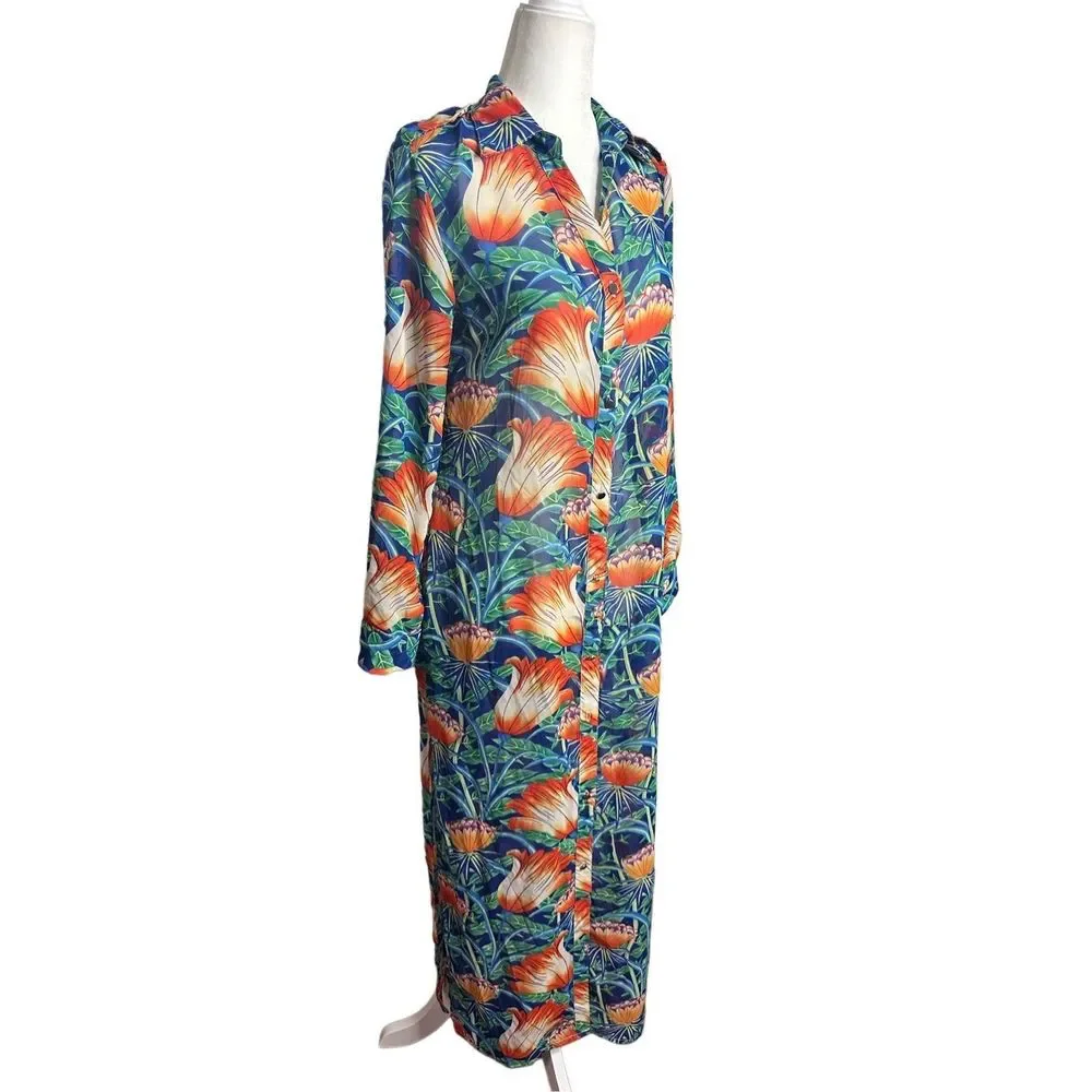 Grifflin Paris Tropical Floral Blue Long Bathing Suit Cover Up Size Small Women'